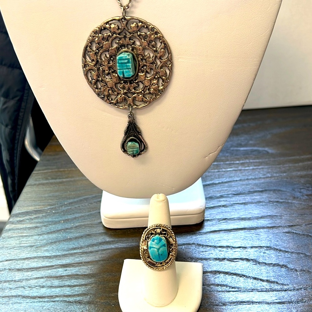 New necklace and ring set,Egyptian scarab stonenecklace 26”pendant 2.1/4”x3.1/2”